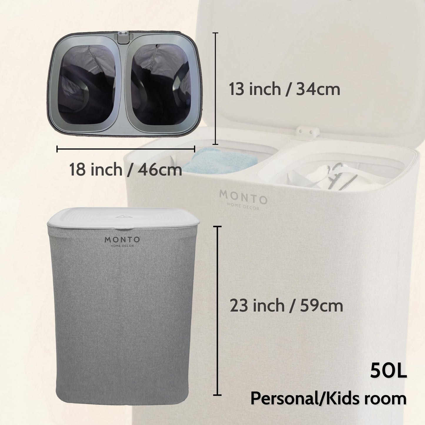 MONTO's Double Laundry Hamper with Removable 2 Section Bags, Easy-Carry Handles & Lid (90L (Family Size))