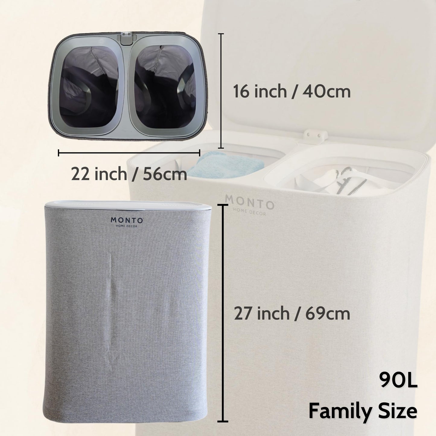 MONTO's Double Laundry Hamper with Removable 2 Section Bags, Easy-Carry Handles & Lid (90L (Family Size))